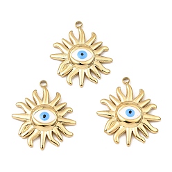 Real 24K Gold Plated Ion Plating(IP) 316 Surgical Stainless Steel Pendants, with Enamel, Sun with Evil Eye Charm, Real 24K Gold Plated, 22.5x19x3mm, Hole: 1.6mm