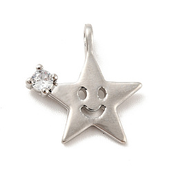 Platinum Star with Smiling Face Brass Micro Pave Clear Cubic Zirconia Pendants, Cadmium Free & Lead Free, Platinum, 17x16x2.8mm, Hole: 1.8mm