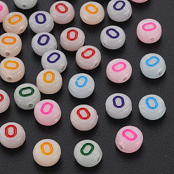 Letter O Acrylic Beads, Glow in the Dark, with Enamel and Luminous, Horizontal Hole, Flat Round with Alphabet, Letter.O, 6.5x7x4mm, Hole: 1.6mm, about 3600pcs/500g