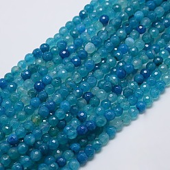Deep Sky Blue Natural Agate Round Beads Strand, Dyed, Faceted, Deep Sky Blue, 6mm, Hole: 1mm, about 62pcs/strand, 14.17 inch