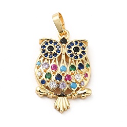 Colorful Brass Micro Pave Cubic Zirconia Pendants, Long-Lasting Plated, Real 18K Gold Plated, Owl, Colorful, 26x17x5mm, Hole: 3.5x4.5mm