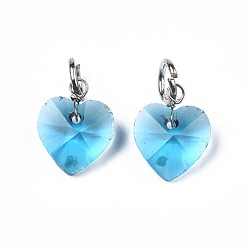 Deep Sky Blue Faceted Transparent Glass Charms, with Iron Jump Ring, Heart, Deep Sky Blue, 13~14x10x5~6mm, Hole: 4mm