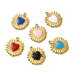 Mixed Color Ion Plating(IP) 304 Stainless Steel Charms, with Enamel, Real 18K Gold Plated, Sun with Heart, Mixed Color, 23x20x3mm, Hole: 1.4mm