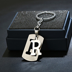 Letter R 201 porte-clés en acier inoxydable, porte-clés étiquette de chien, avec porte-clés en fer plaqué platine, rectangle avec lettre fractionnée, letter.r, 10.5 cm
