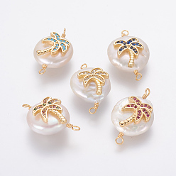 Couleur Mélangete Connecteurs de liens de perles naturelles, avec accessoires zircon cubique micro pave en laiton, pépites de cocotier, or, couleur mixte, 21~27x13~16x6~8mm, Trou: 1.6mm