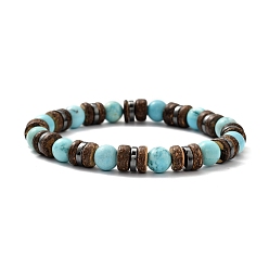 Natural Turquoise Natural Howlite Stretch Bracelets, with Natural Coconut Beads and Non-magnetic Synthetic Hematite Beads, Inner Diameter: 2-1/8 inch(5.5cm)
