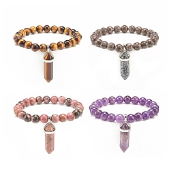 Mixed Stone Natural Gemstone Round Beaded Stretch Bracelet with Bullet Shape Charm for Women, Inner Diameter: 2-1/8 inch(5.4cm)