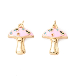 Pink Autumn Theme Rack Plating Brass Micro Pave Colorful Cubic Zirconia Pendants, with Enamel, Cadmium Free & Nickel Free & Lead Free, Real 18K Gold Plated, Mushroom, Pink, 16.5x14x3.5mm, Hole: 2.8mm