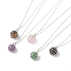 Stainless Steel Color Natural Gemstone Cage Pendant Necklace with 304 Stainless Steel Cable Chains for Women, Stainless Steel Color, 17.52 inch(44.5cm)