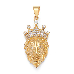 Oro 304 de acero inoxidable colgantes grandes, con diamantes de imitación de cristal, cabeza de león con la corona, dorado, 55x27.5x15.5 mm, agujero: 6x12 mm