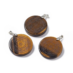 Tiger Eye Natural Tiger Eye Pendants, Flat Round Charms with Chakra Theme Pattern, with Rack Plating Platinum Tone Brass Findings, Cadmium Free & Lead Free, 30x4~8mm, Hole: 4x4mm