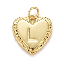 Letter L Rack Plating Real 18K Gold Plated Brass Pendants, with Jump Rings, Long-Lasting Plated, Lead Free & Cadmium Free & Nickel Free, Heart with Letter A~Z, Letter.L, 16x15x2.5mm, Jump Ring: 5x0.5mm, 3mm Inner Diameter