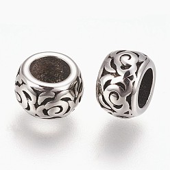 Antique Silver 304 Stainless Steel European Beads, Large Hole Beads, Flat Round, Antique Silver, 8x5mm, Hole: 4.5mm