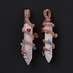 Quartz Crystal Natural Quartz Crystal Pointed Big Pendants, with Rose Gold Plated Rack Plating Brass Findings and Mixed Stone Chip Beads, Cadmium Free & Lead Free, Faceted, Bullet Charm, 64~68x16~17x16~17mm, Hole: 7.5mm
