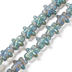 Dark Sea Green Full Rainbow Plated Forsted Electroplate Glass Beads, Ginger Man, for Christmas, Dark Sea Green, 15x14x7mm, Hole: 1mm, about 45pcs/strand, 24.80''~25.20''(63~64cm)