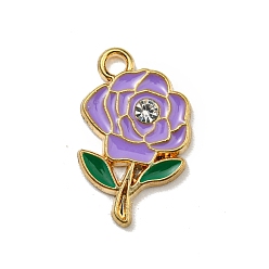 Pourpre Moyen Alliage d'émail avec pendentifs en strass, or, fleur, support violet, 18.5x11.5x2.5mm, Trou: 1.8mm