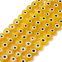 Yellow Handmade Evil Eye Lampwork Beads Strands, Heart, Yellow, 6~7x8x3mm, Hole: 1mm, about 47~49pcs/strand, 13.19~13.98 inch(33.5~35.5cm)