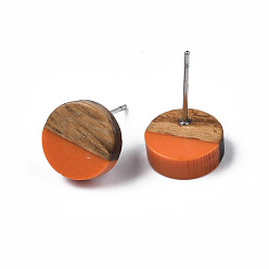 Dark Orange Opaque Resin & Walnut Wood Stud Earrings, with 316 Stainless Steel Pins, Flat Round, Dark Orange, 10mm, Pin: 0.7mm