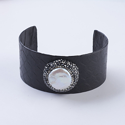 Black Handmade Snakeskin Leather Cord Cuff Bracelets, with Polymer Clay Rhinestone and Pearls, Flat Round, Black, 1-7/8 inch(47mm)~2 inch(50mm)x2-1/2 inch(63mm~66mm)