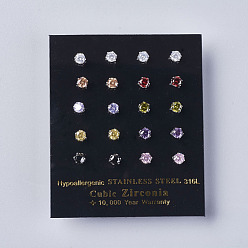 Mixed Color Cubic Zirconia Stud Earrings, with 304 Stainless Steel Findings, Mixed Color, 13.5x4mm, Pin: 0.6mm