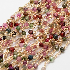 Colorful Faceted Round Natural Agate Handmade Beaded Chains, Unwelded, with Golden Brass Findings, Cadmium Free & Nickel Free & Lead Free, Colorful, 14.5x4mm