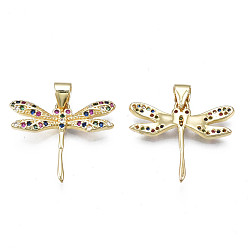 Colorful Brass Micro Pave Cubic Zirconia Pendants, with Real 18K Gold Plated Brass Findings, Nickel Free, Autumn Pendants, Dragonfly, Colorful, 18x21.5x3mm, Hole: 3x5mm