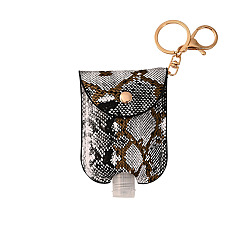 Silver Plastic Hand Sanitizer Bottle with PU Leather Cover, Portable Travel Squeeze Bottle Keychain Holder, Snake Skin Pattern, Silver, 100x70mm
