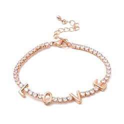 Rose Gold Cubic Zirconia Chain Bracelet, Word Love Rack Plating Brass Jewelry with Chain Extender & Lobster Claw Clasps for Women, Lead Free & Cadmium Free, Long-Lasting Plated, Rose Gold, 7-1/4 inch(18.5cm)