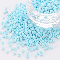 Light Sky Blue 8/0 Opaque Glass Seed Beads, Round Hole, Frosted Colours, Round, Light Sky Blue, 3~4x2~3mm, Hole: 0.8mm, about 15000pcs/Pound