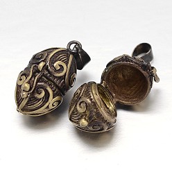 Bronze Antique Rack toupie sculpté boîte laitonnage de prière pendentifs, boîte souhaiter, sans nickel, bronze antique, 24x16x14mm, Trou: 5x3mm