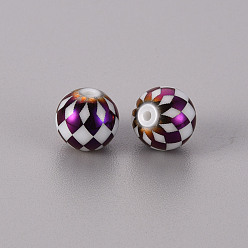 Purple Plated Electroplate Glass Beads, Round with Grid Pattern, Purple Plated, 10mm, Hole: 1.2mm
