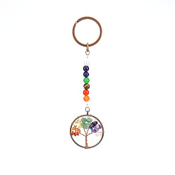 Mixed Stone Flat Round with Tree of Life Gemstone Chips Keychains, with Chakra Round Gemstone and Brass Findings, for Car Backpack Pendant Accessories, 10.5cm