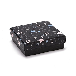 Black Cardboard Jewelry Boxes, with Black Sponge Mat, for Jewelry Gift Packaging, Square with Star Pattern, Black, 9.3x9.3x3.15cm