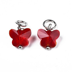 Red Faceted Transparent Glass Charms, with Iron Jump Ring, Butterfly, Red, 13~14x9.8x6mm, Hole: 4mm