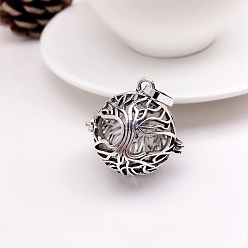 Antique Silver Brass Hollow Round with Tree of Life Cage Pendants, For Chime Ball Pendant Necklaces Making, Antique Silver, 24x21mm