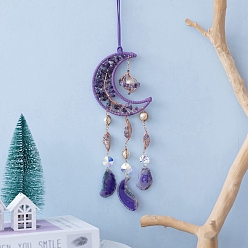 Amethyst Moon Natural Amethyst Chips & Glass Suncatchers, Hanging Pendant Decorations with Golden Metal Findings, 360mm