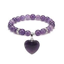 Améthyste Bracelet extensible en perles rondes d'améthyste naturelle avec breloque en forme de cœur, yoga des pierres précieuses pour les femmes, diamètre intérieur: 2 pouce (4.95 cm)
