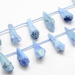 Небесно-голубой Гальванические природный кристалл кварца бусы пряди, сверху просверленные бусы, окрашенные, слеза, голубой, 27~34x8~12x5~9 мм, отверстие : 1.5 мм, около 22 шт / нитка, 14.3 дюйм