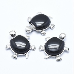 Obsidian Natural Obsidian Pendant, with Alloy Findings, Tortoise, Platinum, 38x30.5x8.2mm, Hole: 3x4.5mm