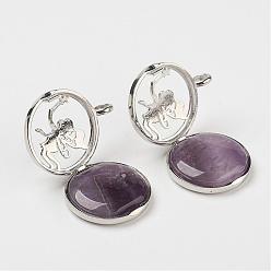 Amethyst Natural Amethyst Pendants, with Brass Diffuser Locket Findings, Flat Round with Angel, 31x26x8mm, Hole: 4mm