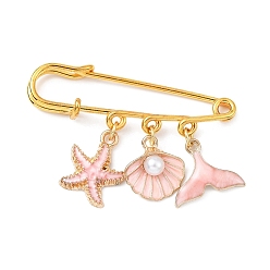 Pink Marine Theme Pendant Alloy Enamel Brooches, Golden Iron Kilt Pins for Women, Starfish & Shell & Fishtail, Pink, 36.5x50x5.5mm