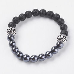 Mixed Stone Natural Lava Rock Beads Stretch Bracelets, with Synthetic Hematite and Alloy Finding, Antique Silver, 2-1/8 inch(54mm)