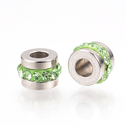 Peridot 201 Stainless Steel Rhinestone Beads, Column, Stainless Steel Color, 7x5mm, Hole: 3mm