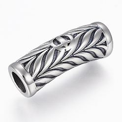 Antique Silver 304 Stainless Steel Magnetic Clasps with Glue-in Ends, Column with Leaves, Antique Silver, 29x9~9.5mm, Hole: 6mm