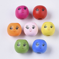Mixed Color Spray Painted Natural Wood Beads, Round with Face, Mixed Color, 13.5x13mm, Hole: 4mm, about 590pcs/500g