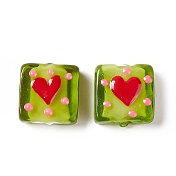 Yellow Green Handmade Lampwork Beads, Square with Heart Pattern, Yellow Green, 16x15x6mm, Hole: 1.8mm