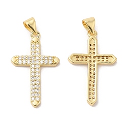 Real 16K Gold Plated Brass Micro Pave Clear Cubic Zirconia Pendants, Cross, Real 16K Gold Plated, 27x16.5x2.5mm, Hole: 5x3.5mm