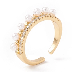Real 18K Gold Plated Clear Cubic Zirconia Open Cuff Ring with Acrylic Pearl, Brass Jewelry for Women, Lead Free & Cadmium Free, Real 18K Gold Plated, US Size 7 1/4(17.5mm)