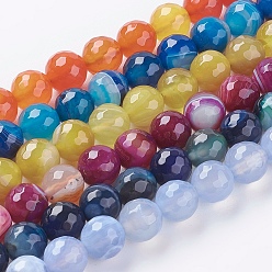 Mixed Color Faceted Round Dyed Natural Striped Agate/Banded Agate Beads Strands, Mixed Color, 6mm, Hole: 1mm, about 62pcs/strand, 15 inch