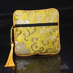 Jaune Sacs carrés à pompons en tissu de style chinois, avec fermeture à glissière, Pour bracelet, Collier, jaune, 11.5x11.5 cm